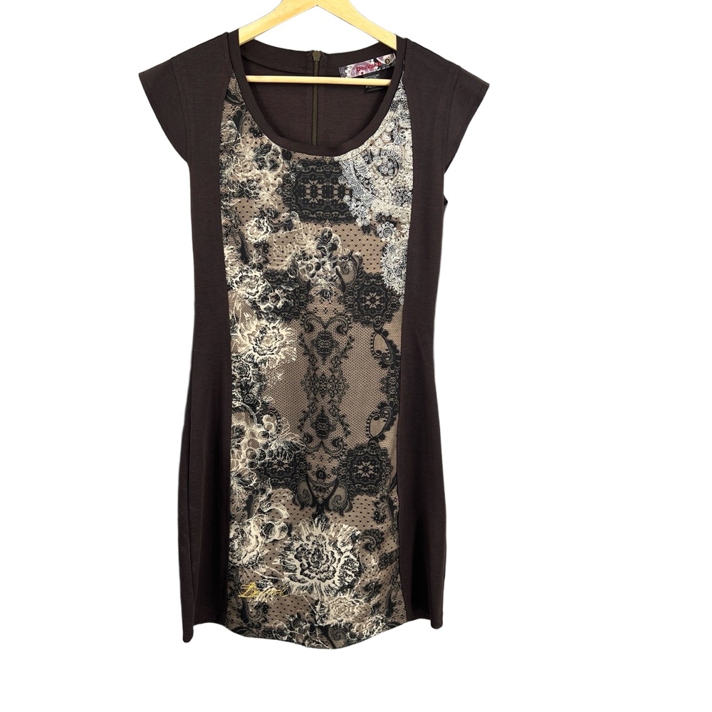Desigual Dress S EU / XS US Brown Black Lace Print Cap Sleeve Bodycon Spain